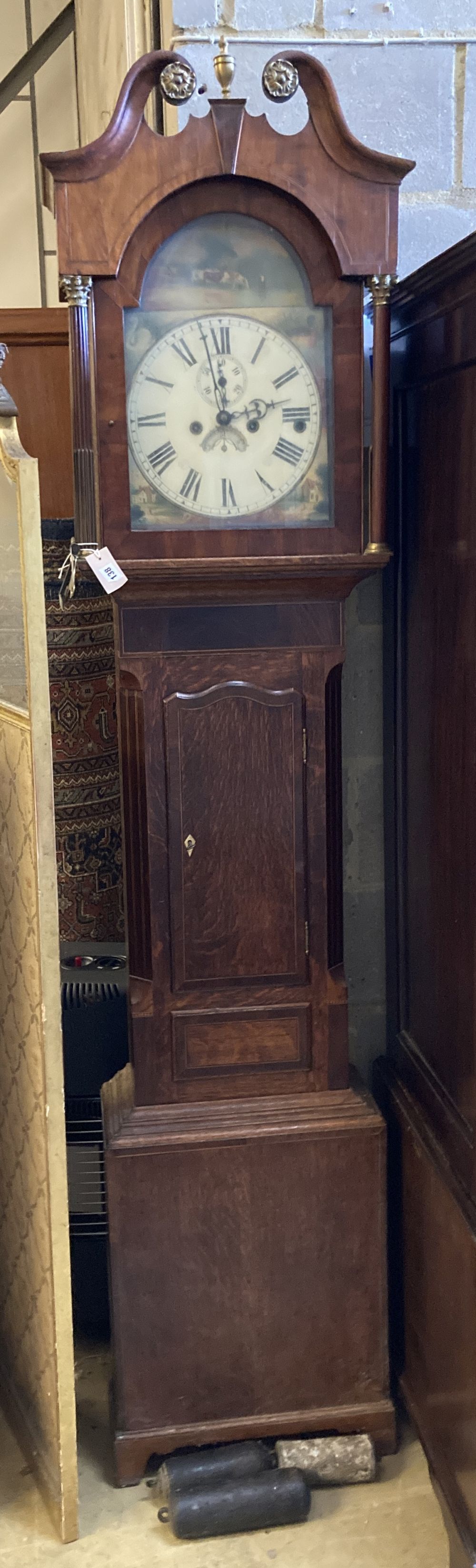 A Victorian oak eight-day longcase clock with painted Roman dial, height 222cm